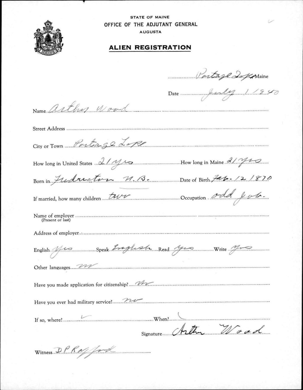 Miniature of Alien Registration- Wood, Arthur (Portage Lake, Aroostook County)