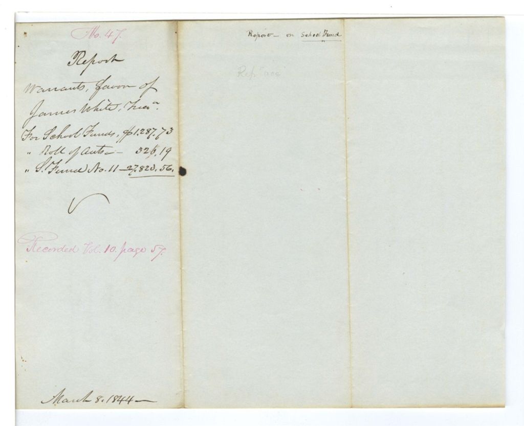 Miniature of Report 47: Report on the warrants in favor of James White, State Treasurer, for school funds, roll of accounts, and school fund # 11