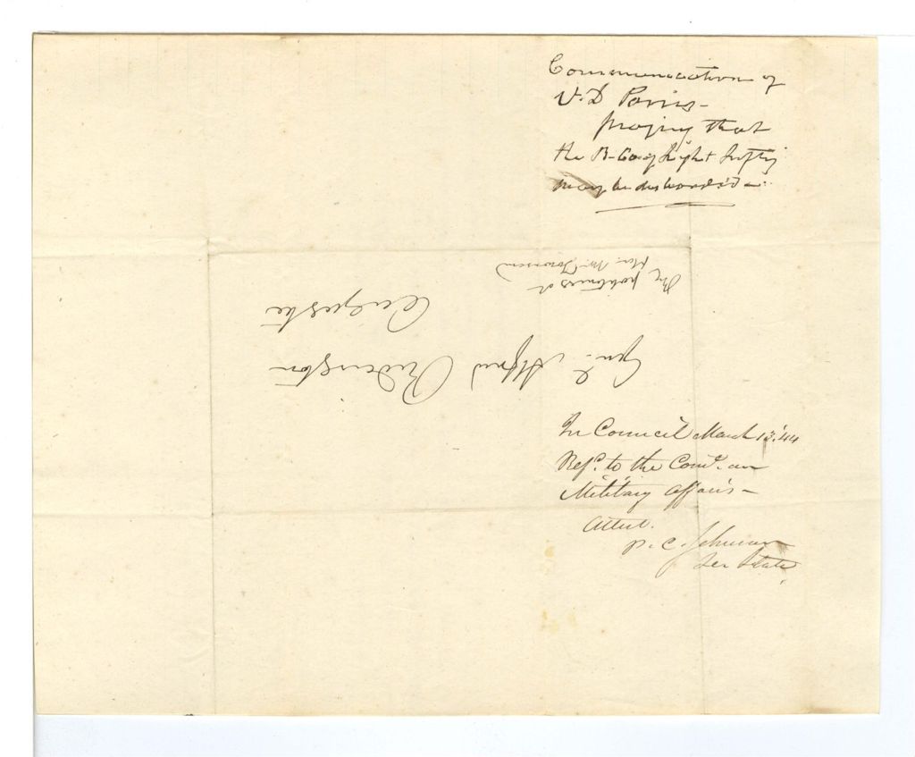 Miniature of Communications of V. D. Paris praying that the B Company of Light Infantry be disbanded
