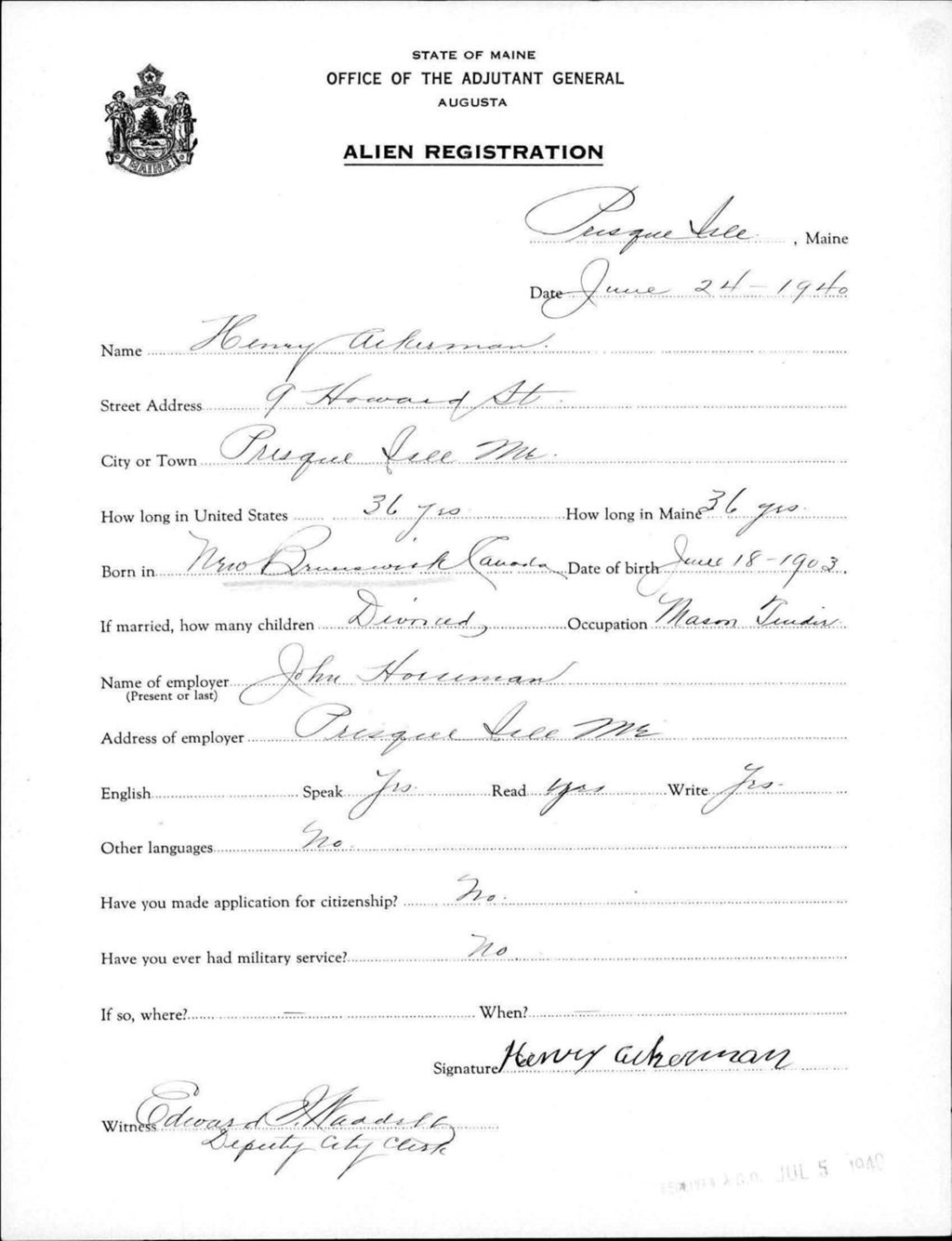 Miniature of Alien Registration- Ackerman, Henry (Presque Isle, Aroostook County)