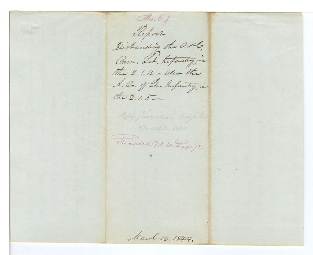 Miniature of Report 61: Report disbanding the A and C Companies of Light Infantry in the 2nd Reg 1st Brig 4th Div, and the A Company of Light Infantry in the 2nd Reg 1st Brig 5th Div