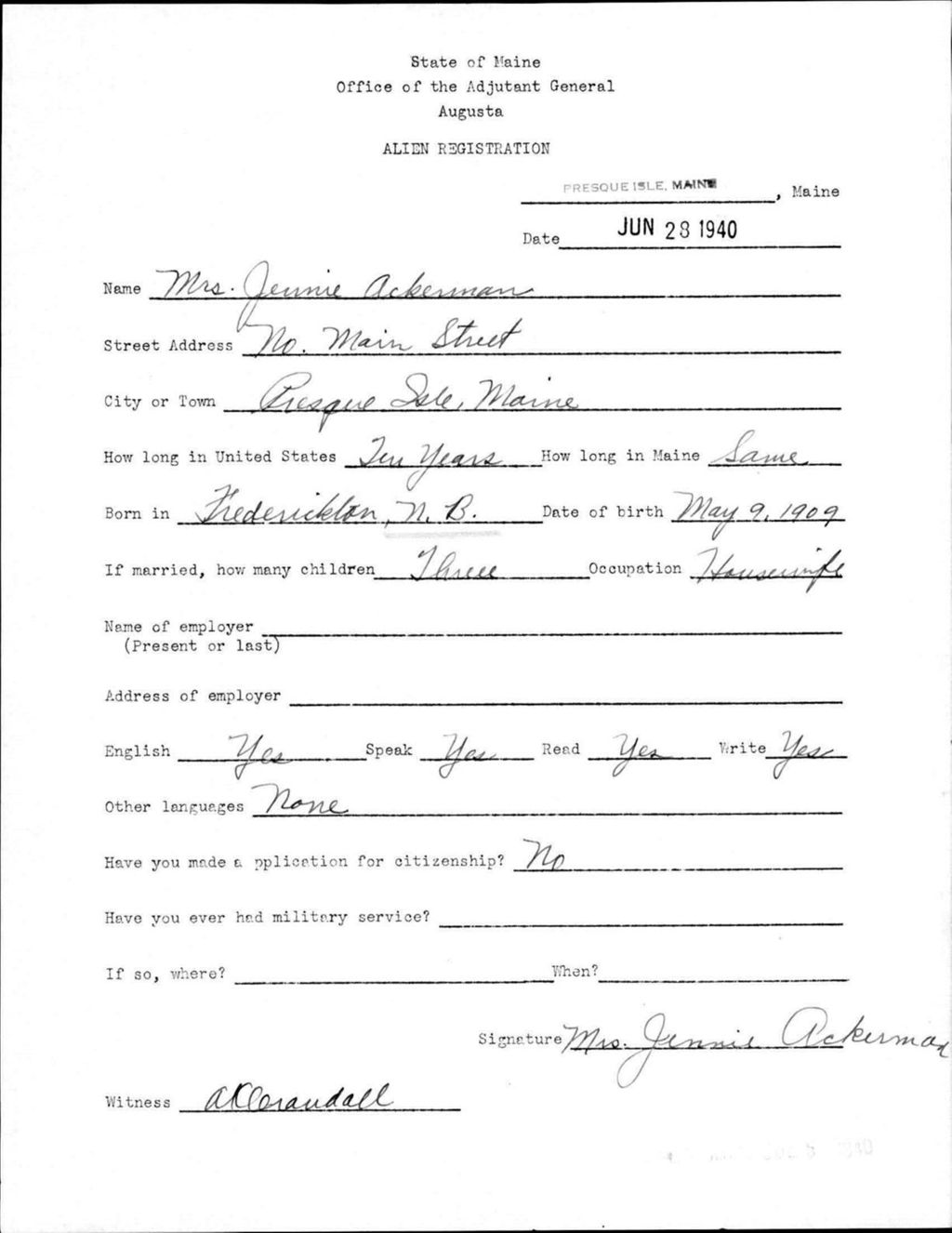 Miniature of Alien Registration- Ackerman, Jennie (Presque Isle, Aroostook County)
