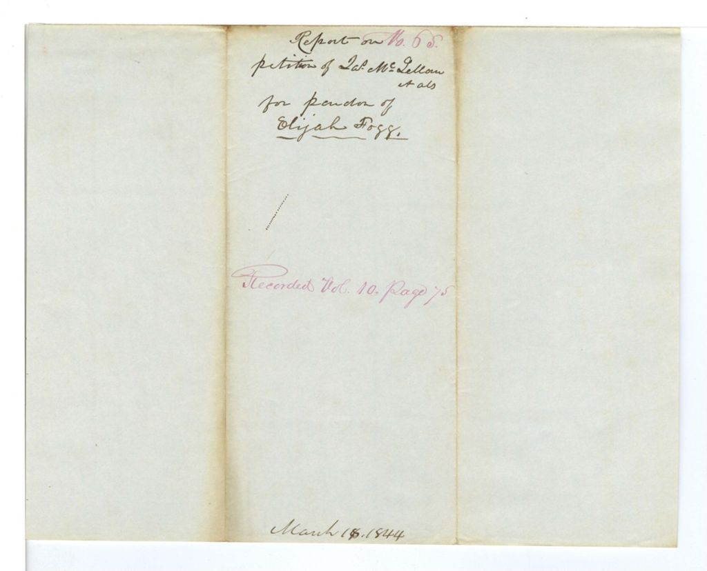 Miniature of Report 65: Report on the petition of James McLellen and others for the pardon of Elijah Fogg for Arson