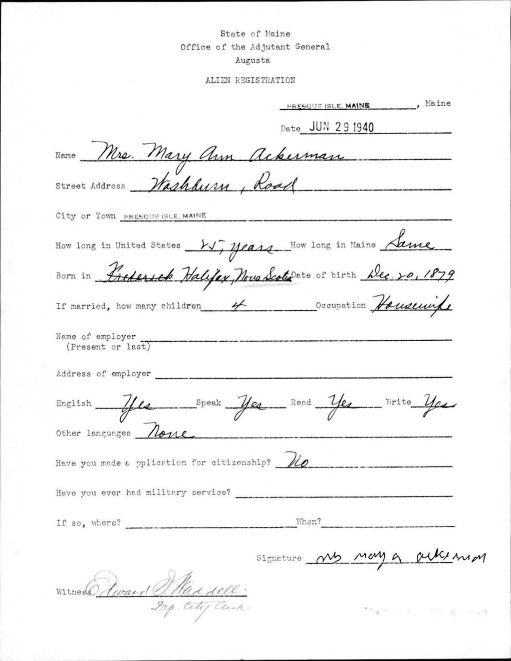 Miniature of Alien Registration- Ackerman, Mary Ann (Presque Isle, Aroostook County)