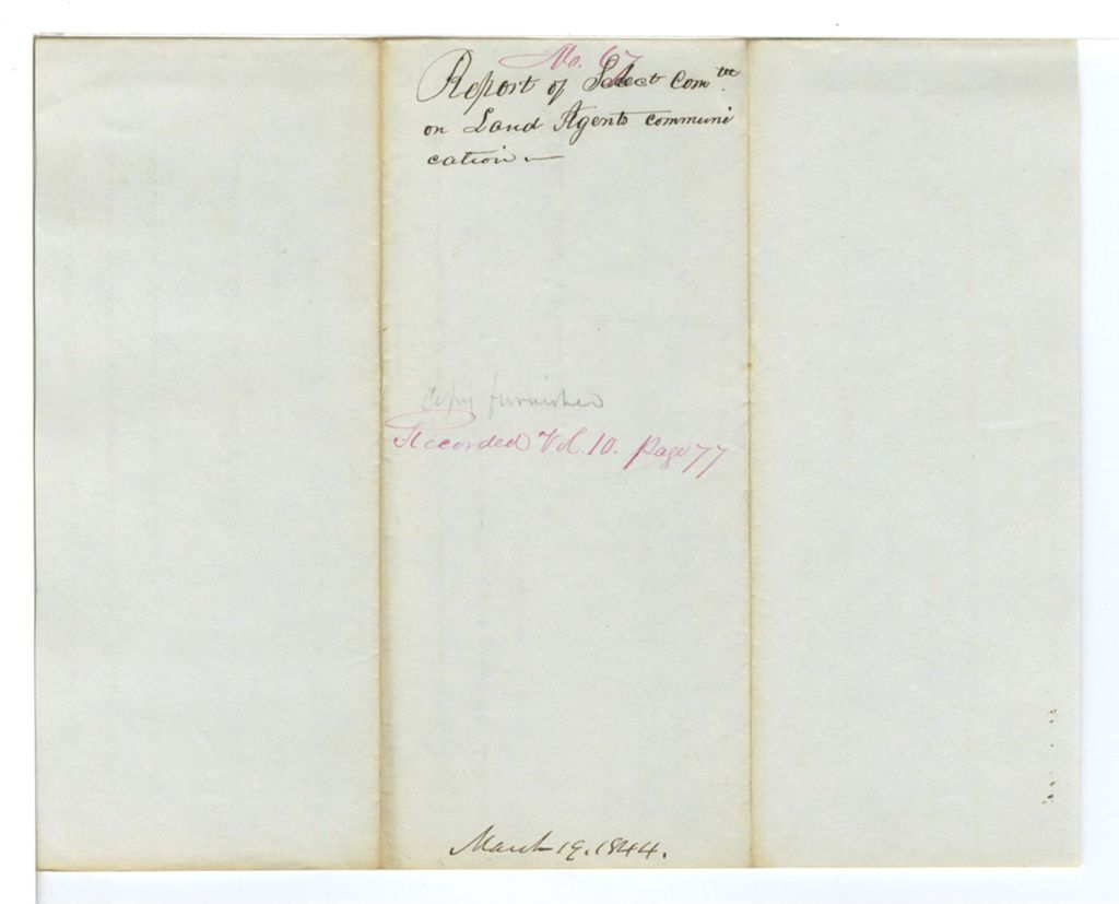Miniature of Report 67: Report of the Select Committee on Land Agent's communication