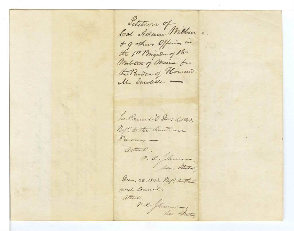 Miniature of Petition of Col. Adam Wilbur and other officers in the 1st Brig of the Militia of Maine for the pardon of Howard M. Sawtelle