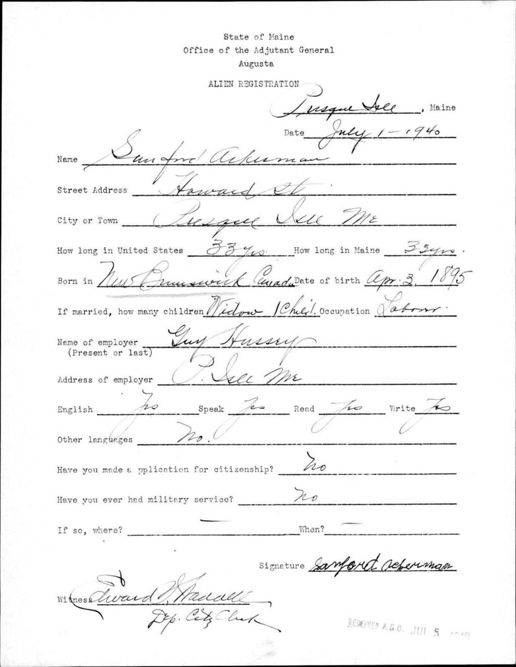 Miniature of Alien Registration- Ackerman, Sanford (Presque Isle, Aroostook County)