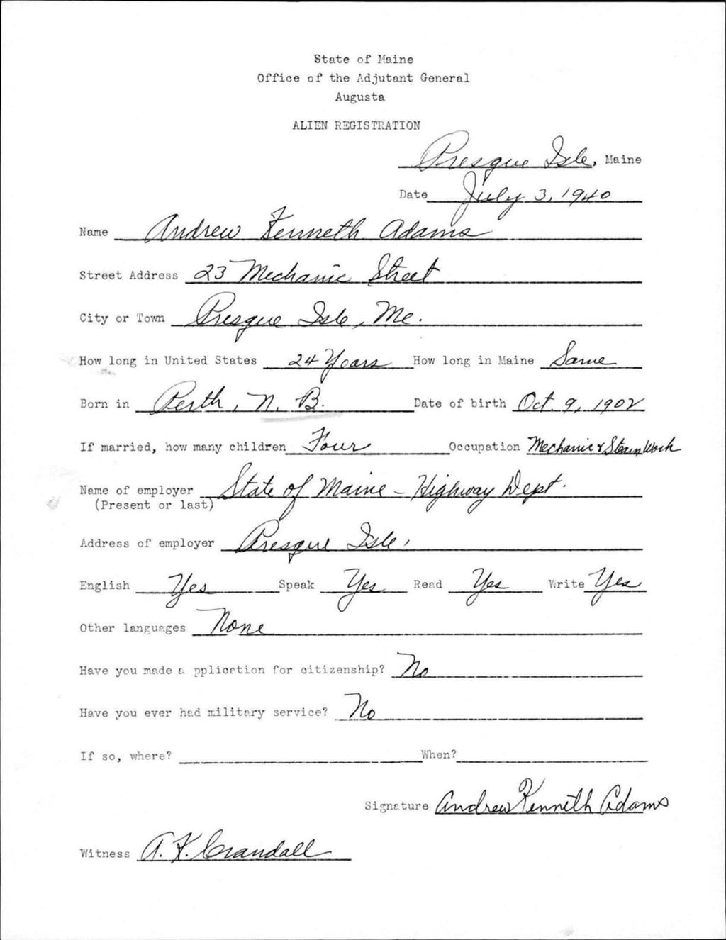 Miniature of Alien Registration- Adams, Andrew K. (Presque Isle, Aroostook County)