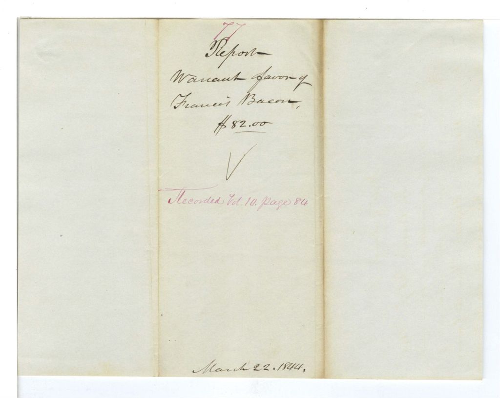 Miniature of Report 77: Report on the warrant in favor of Francis Bacon for transcribing the early records of the Province of Maine
