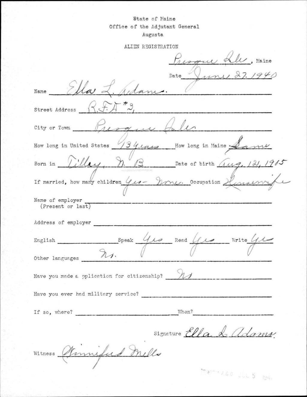Miniature of Alien Registration- Adams, Ella L. (Presque Isle, Aroostook County)
