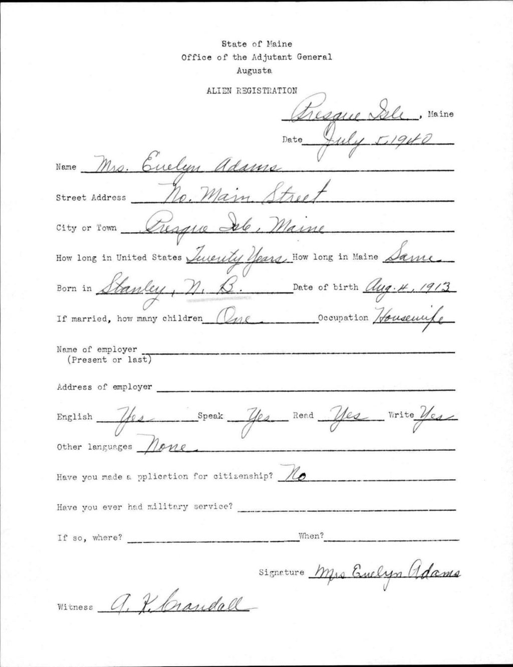 Miniature of Alien Registration- Adams, Evelyn (Presque Isle, Aroostook County)