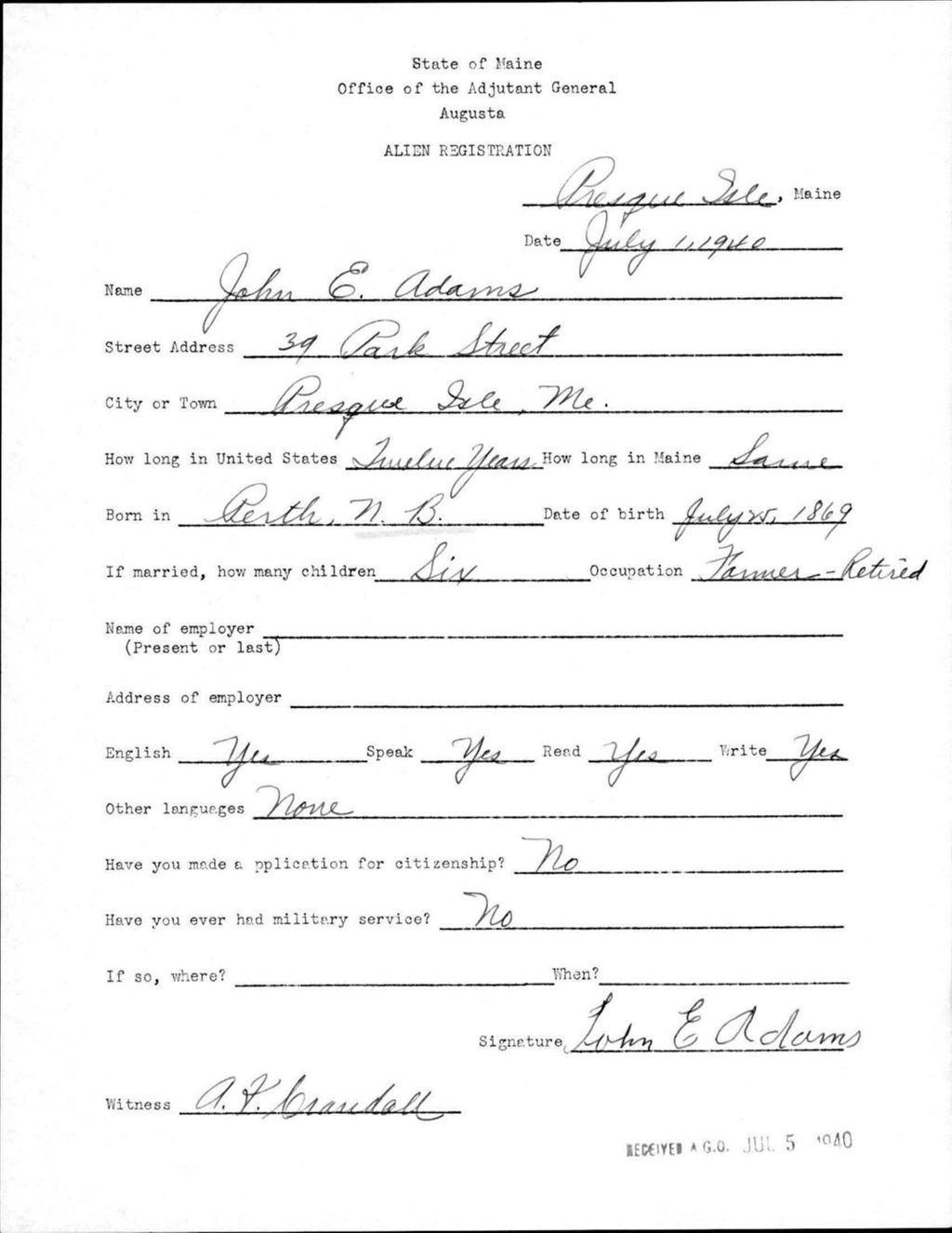 Miniature of Alien Registration- Adams, John E. (Presque Isle, Aroostook County)