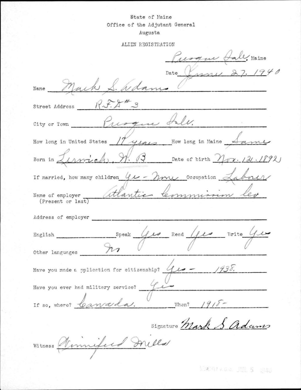 Miniature of Alien Registration- Adams, Mack S. (Presque Isle, Aroostook County)