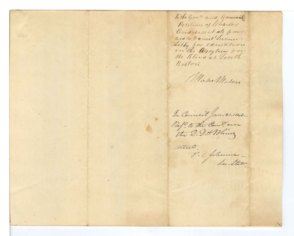 Miniature of Petition of Charles Andrews and others for aid to Daniel [Sumner?] Libby for education in the Asylum for the Blind at South Boston