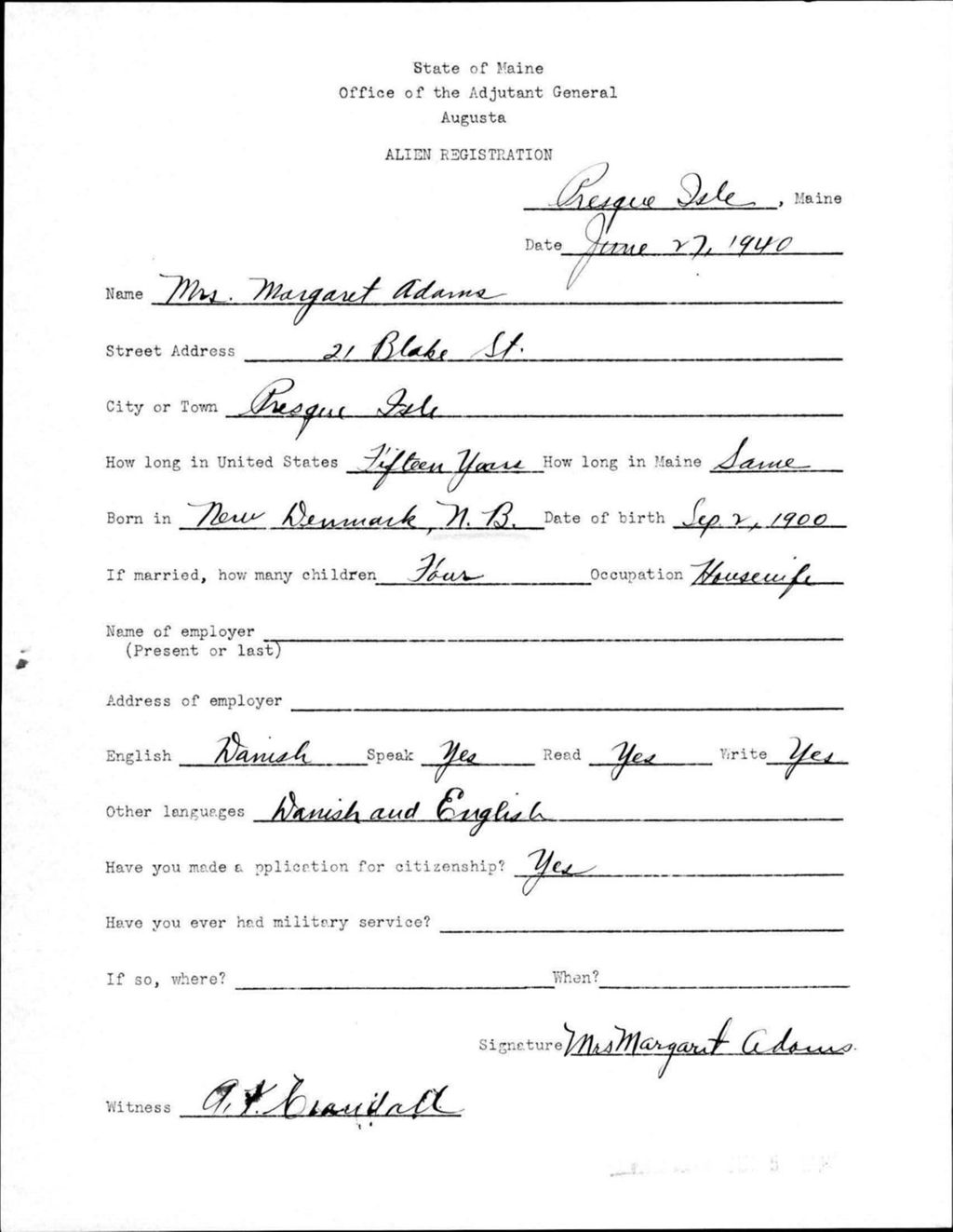 Miniature of Alien Registration- Adams, Margaret (Presque Isle, Aroostook County)