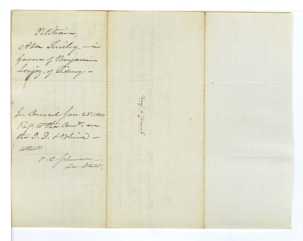 Miniature of Petition of Asa [Friday?] in favor of Benjamin Lovejoy of Sidney