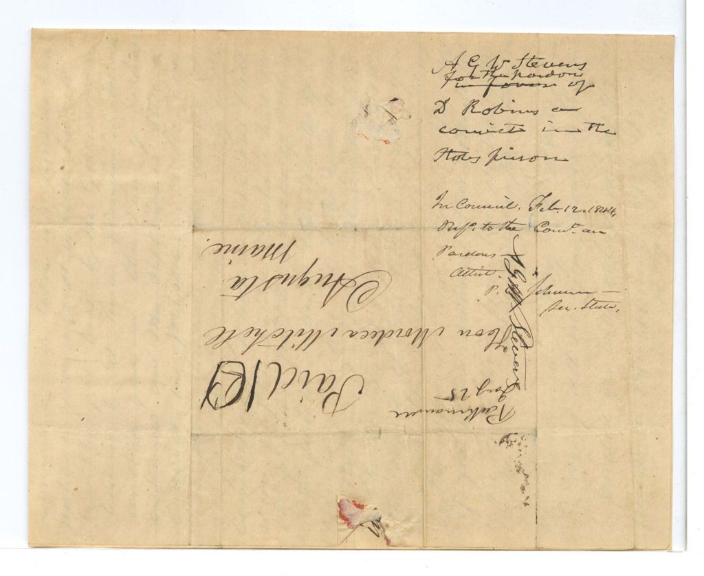 Miniature of Petition of [A. G. W. Harvey?] for the pardon of D. Robbins