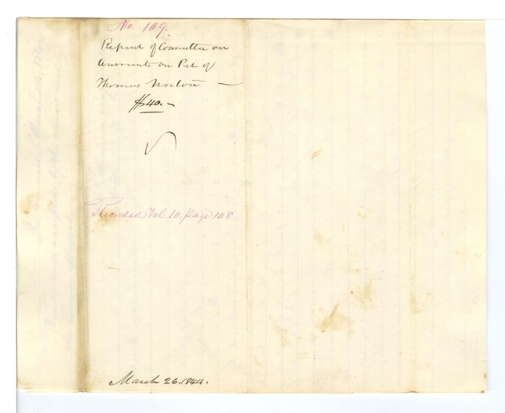 Miniature of Report 109: Report of the Committee on Warrants on the petition of Thomas Norton