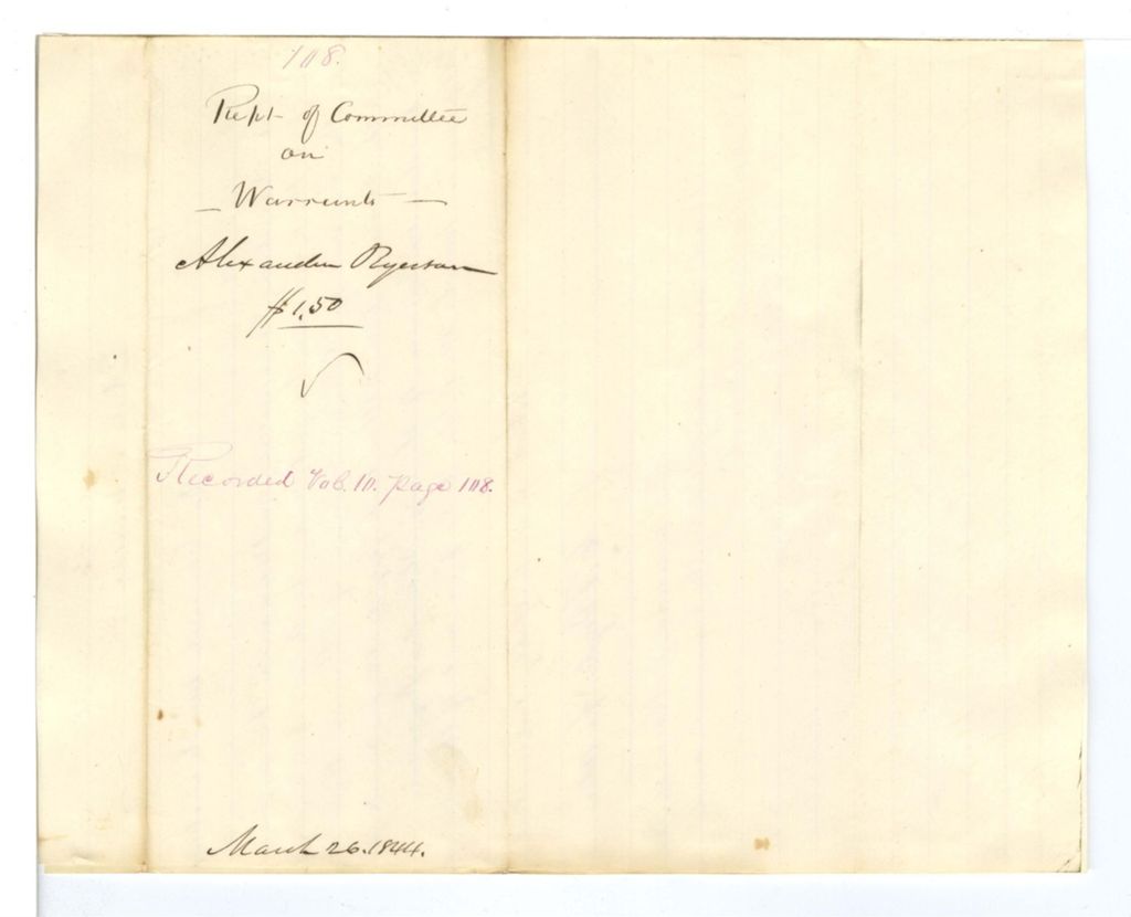 Miniature of Report 108: Report of the Committee on Warrants for Alexander Ryerson