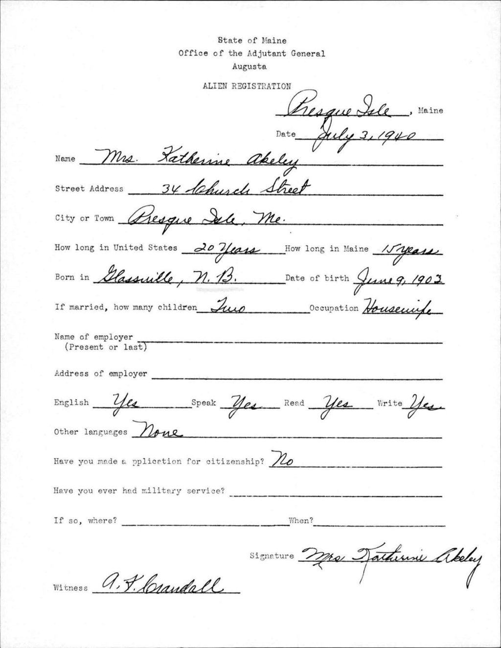 Miniature of Alien Registration- Akeley, Katherine (Presque Isle, Aroostook County)