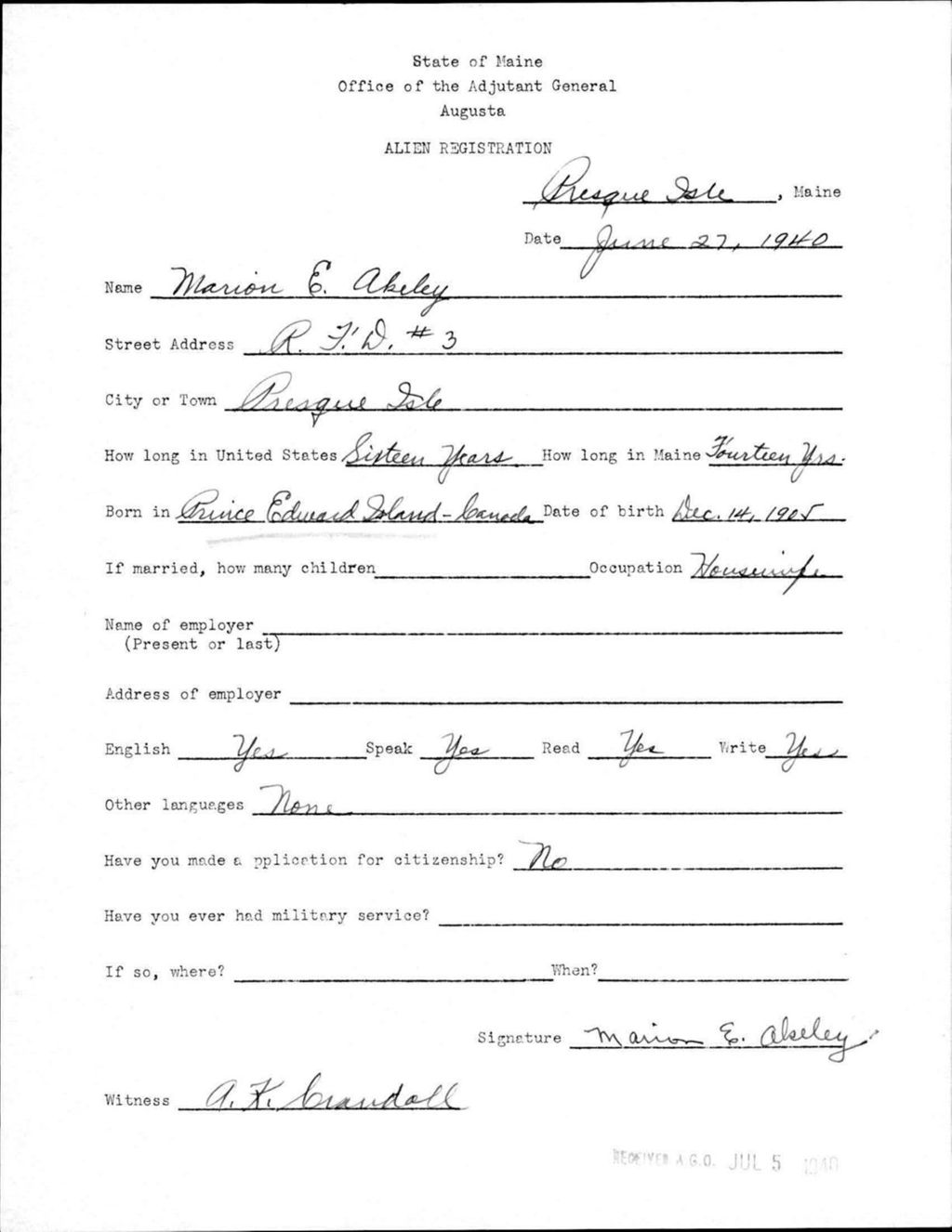 Miniature of Alien Registration- Akeley, Marion E. (Presque Isle, Aroostook County)