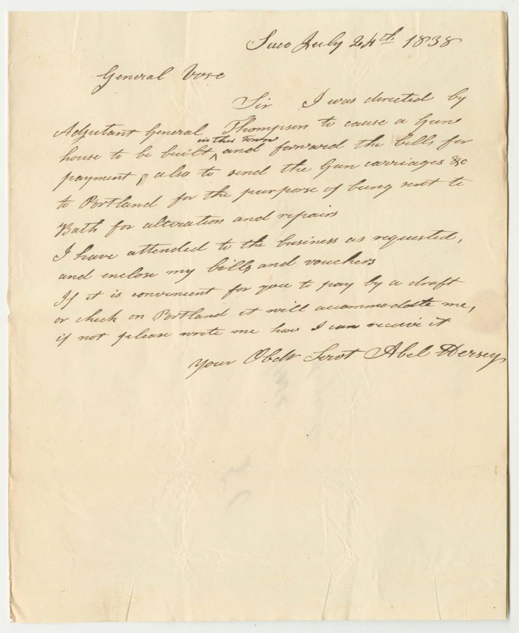 Miniature of Communication from Abel Dersey, Enclosing His Bills for Constructing a Gun House in Saco