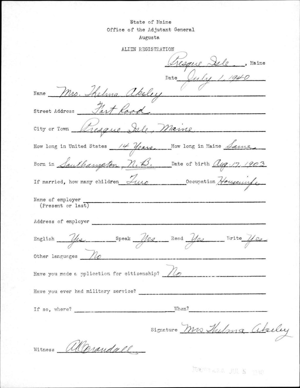 Miniature of Alien Registration- Akeley, Thelma (Presque Isle, Aroostook County)