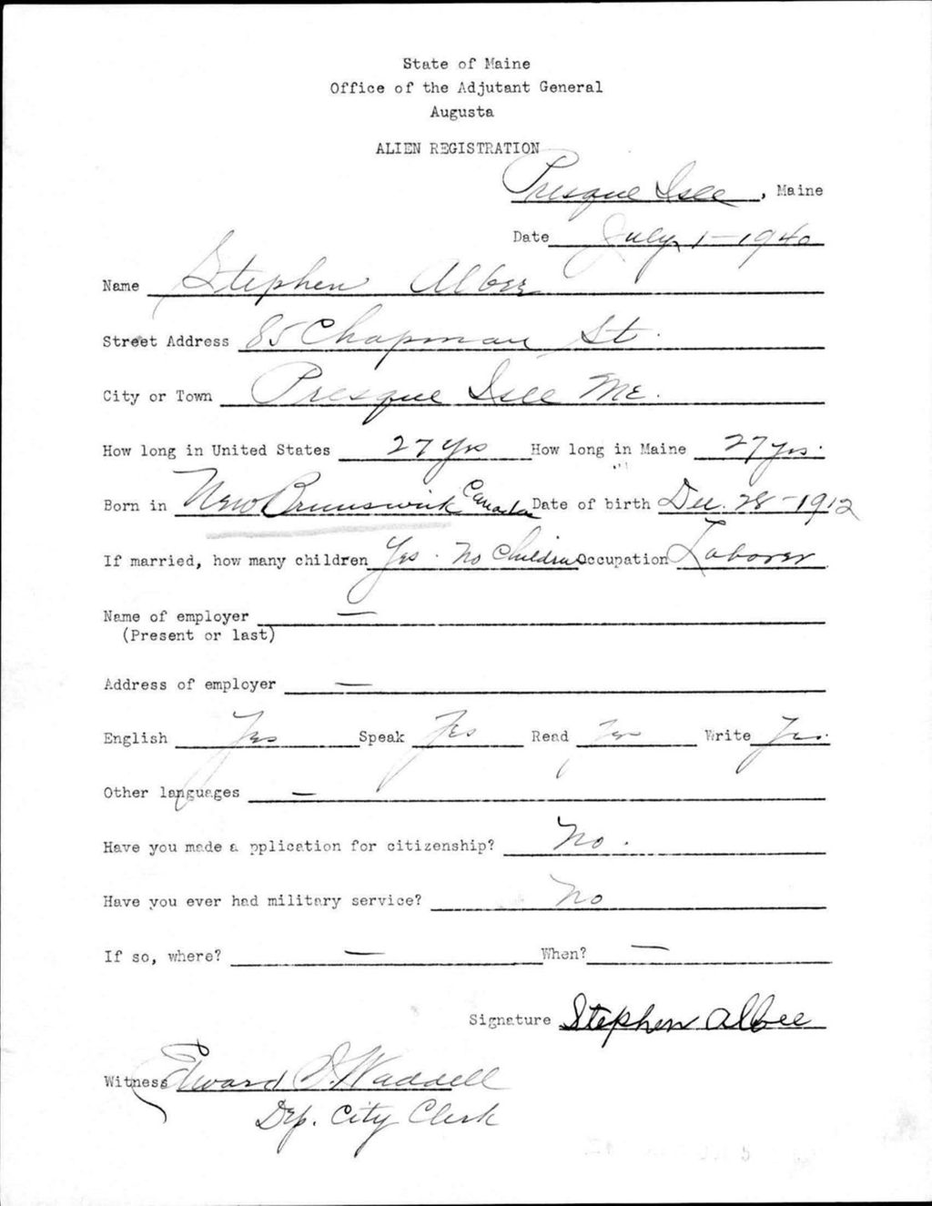 Miniature of Alien Registration- Albee, Stephen (Presque Isle, Aroostook County)