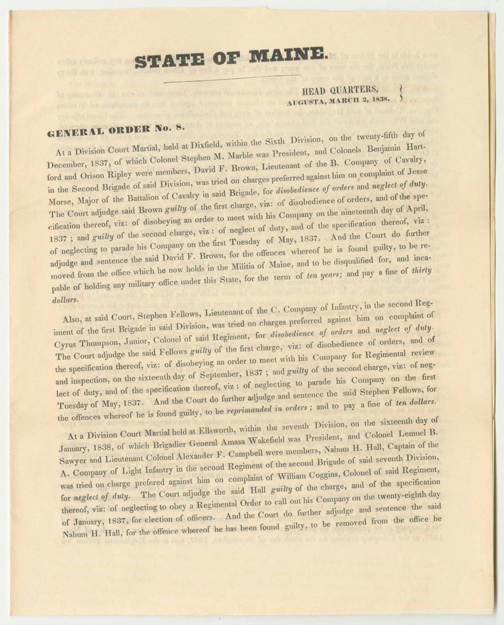 Miniature of Court Martial General Order No. 8