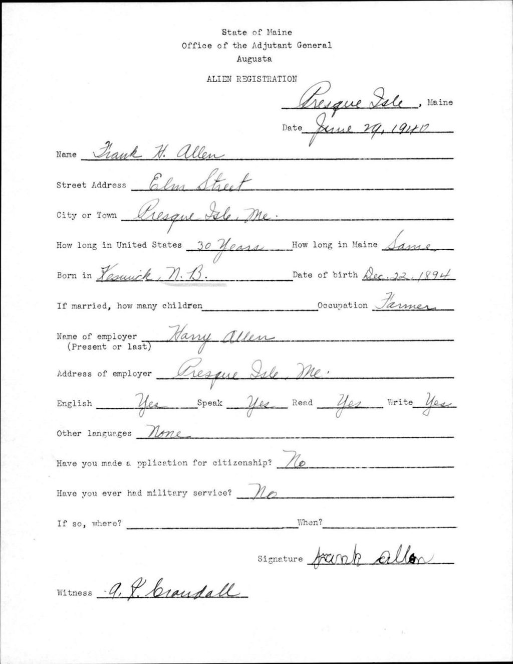 Miniature of Alien Registration- Allen, Frank H. (Presque Isle, Aroostook County)