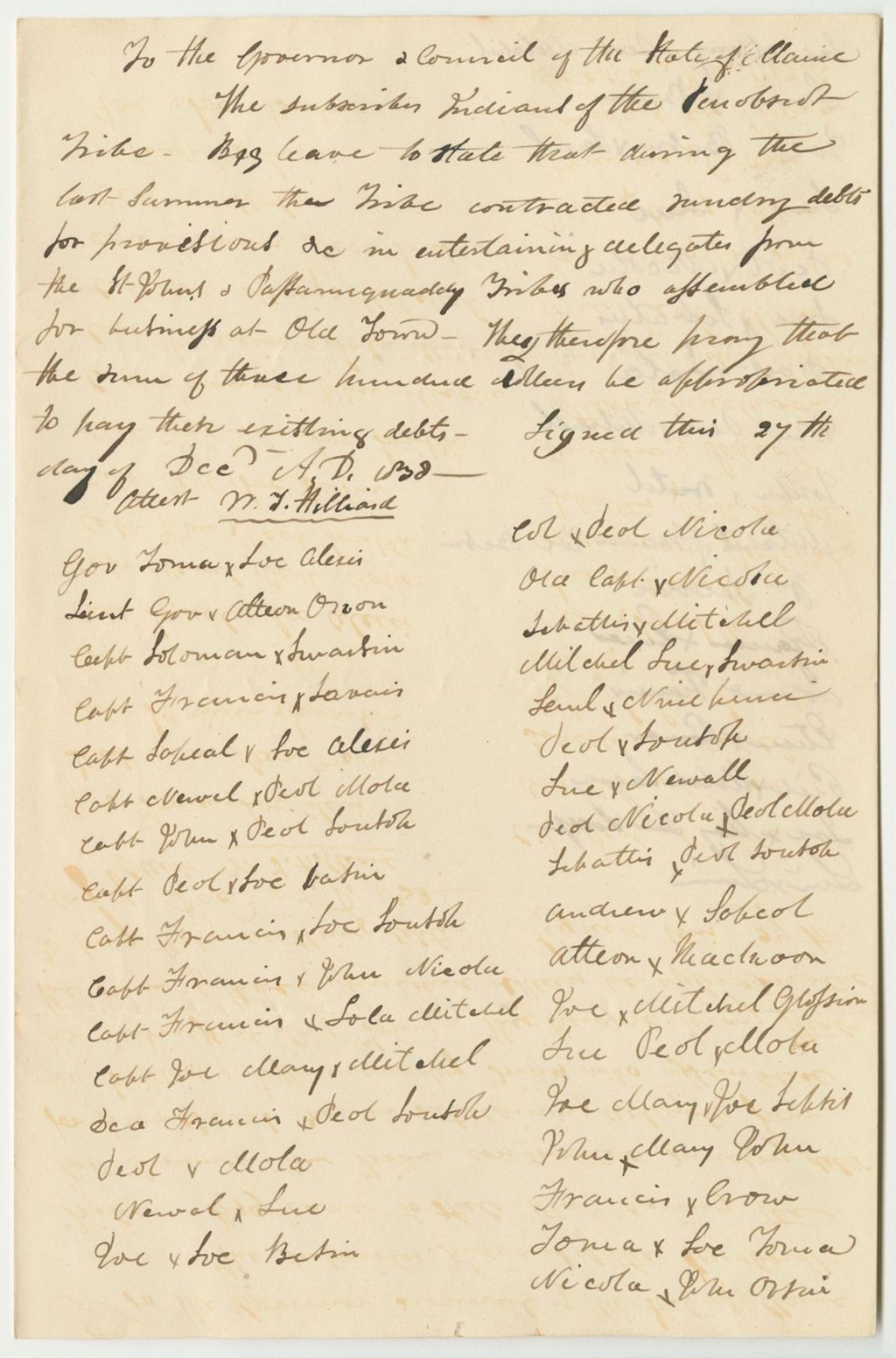 Miniature of Petition of Members of the Penobscot Tribe for Funds to Pay Off Debts Incurred While Entertaining Delegates from the St. Johns and Passamaquoddy Tribes