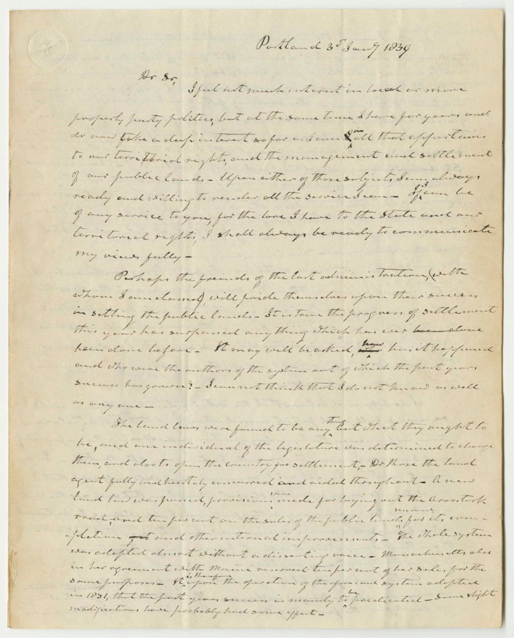 Miniature of Communication from John G. Deane, Related to Procurring Maps of the Territory Explored by the Commissioners of the Northeast Boundary