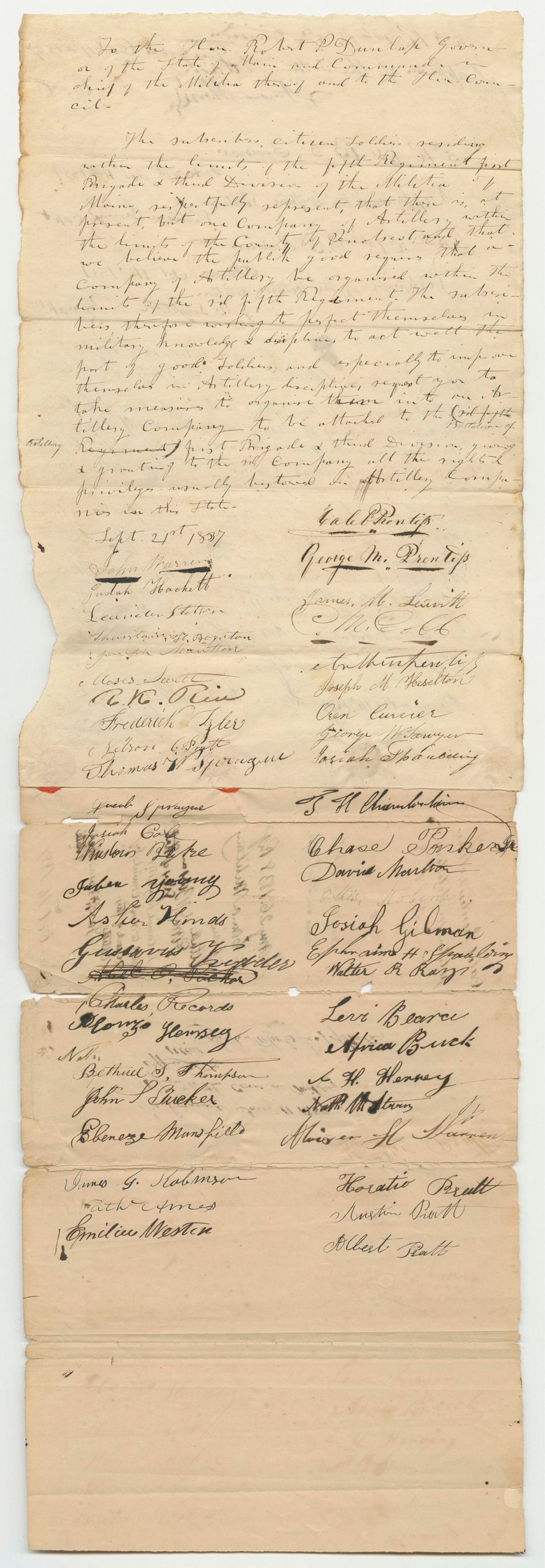 Miniature of Petition of Caleb Prentiss and Others for a Company of Artillery in the 5th Regiment, 1st Brigade, 3rd Division