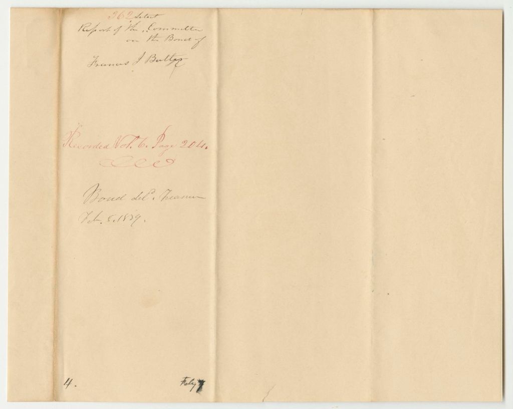 Miniature of Report 362: Report on the Bond of Francis J. Butler, Clerk of the Judicial Courts in Franklin County