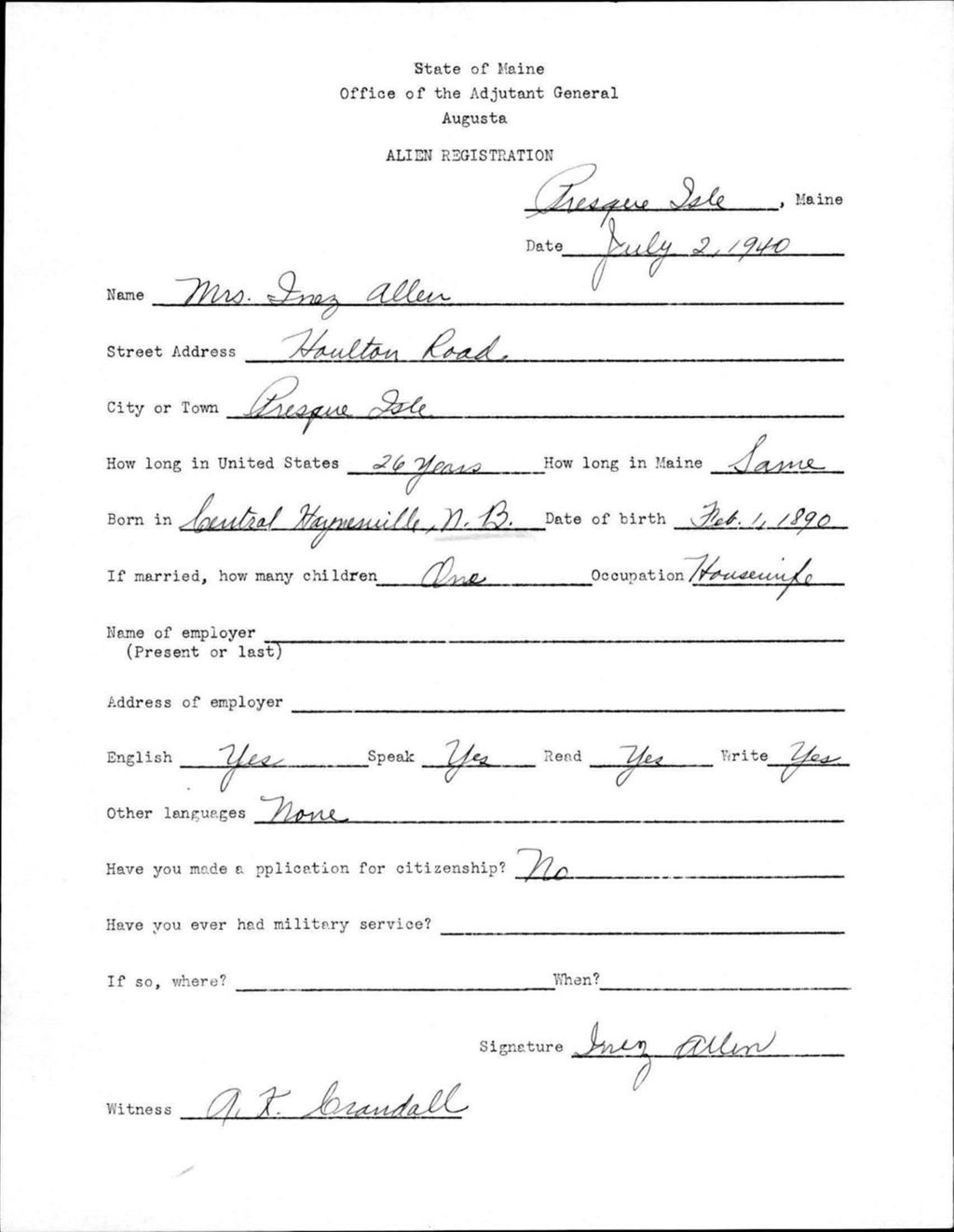 Miniature of Alien Registration- Allen, Inez (Presque Isle, Aroostook County)