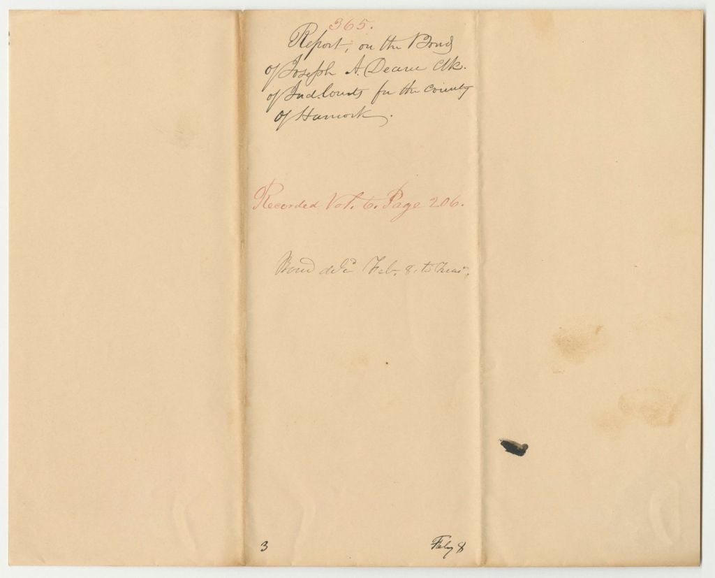 Miniature of Report 365: Report on the Bond of Joseph A. Deane, Clerk of the Judicial Courts for Hancock County