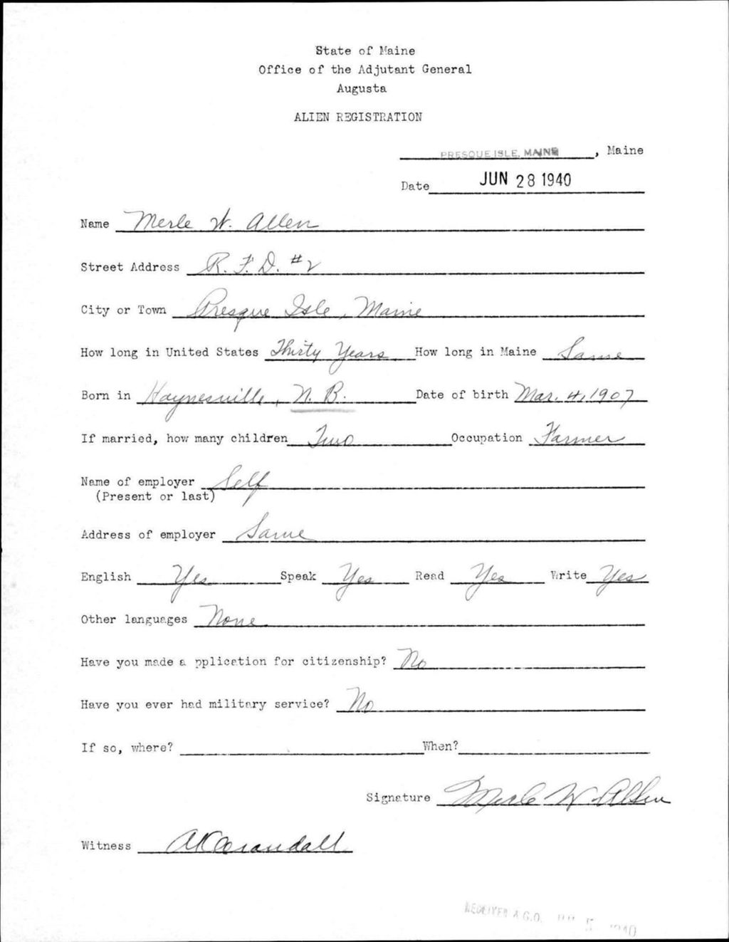 Miniature of Alien Registration- Allen, Merle W. (Presque Isle, Aroostook County)