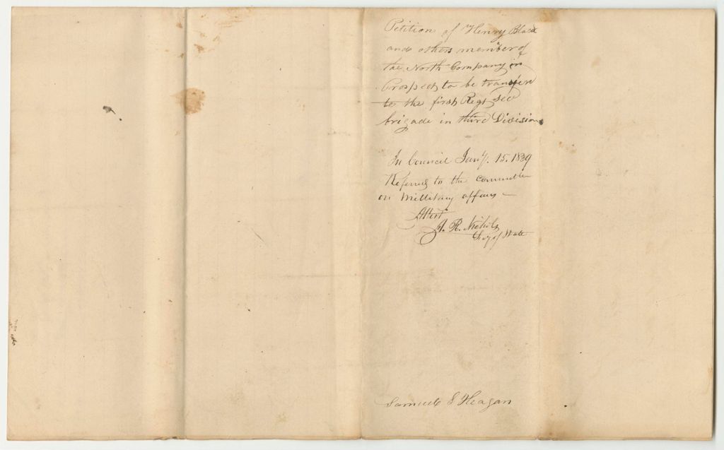 Miniature of Petition of Henry Black and Others, Members of the North Company in Prospect, to be Transferred to the First Regiment Second Brigade Third Division