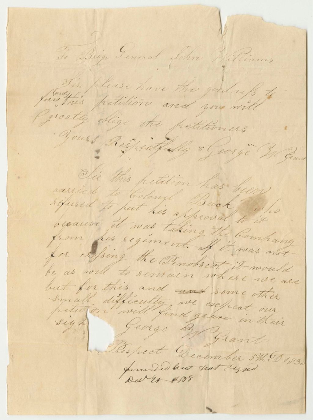 Miniature of Communication from George W. Grant in Relation to His Petition to be Transferred to the Second Regiment Second Brigade Third Division