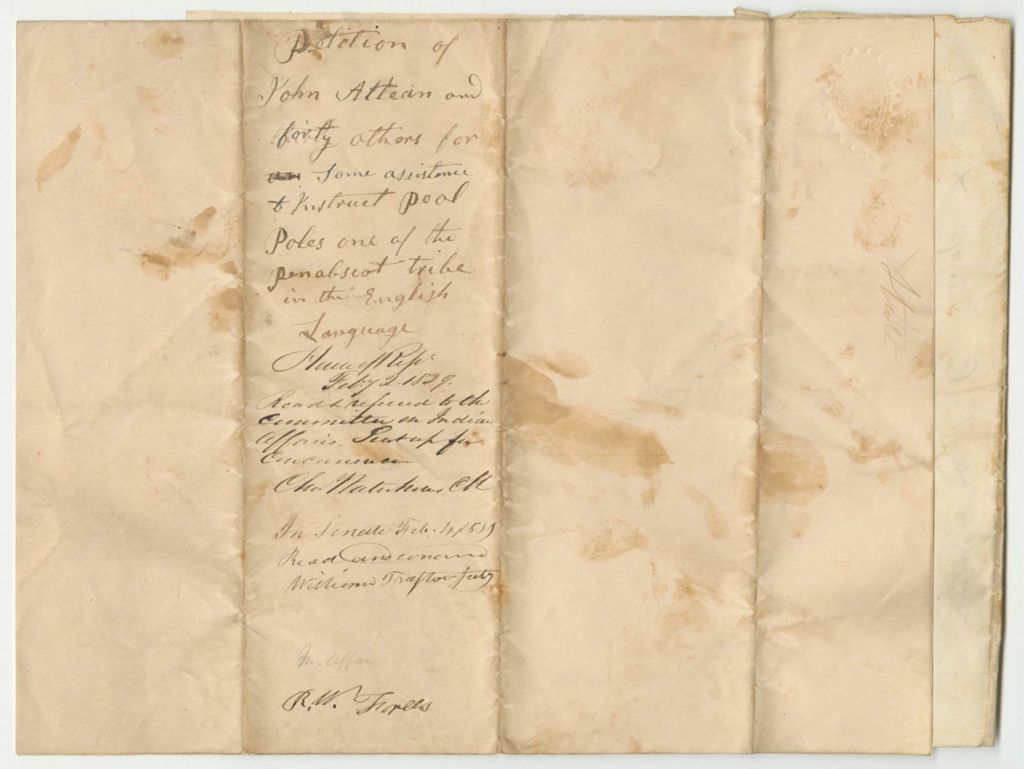 Miniature of Petition of John Attean and Others for Some Assistance to Instruct Peol Poles, One of the Penobscot Tribe, in the English Language