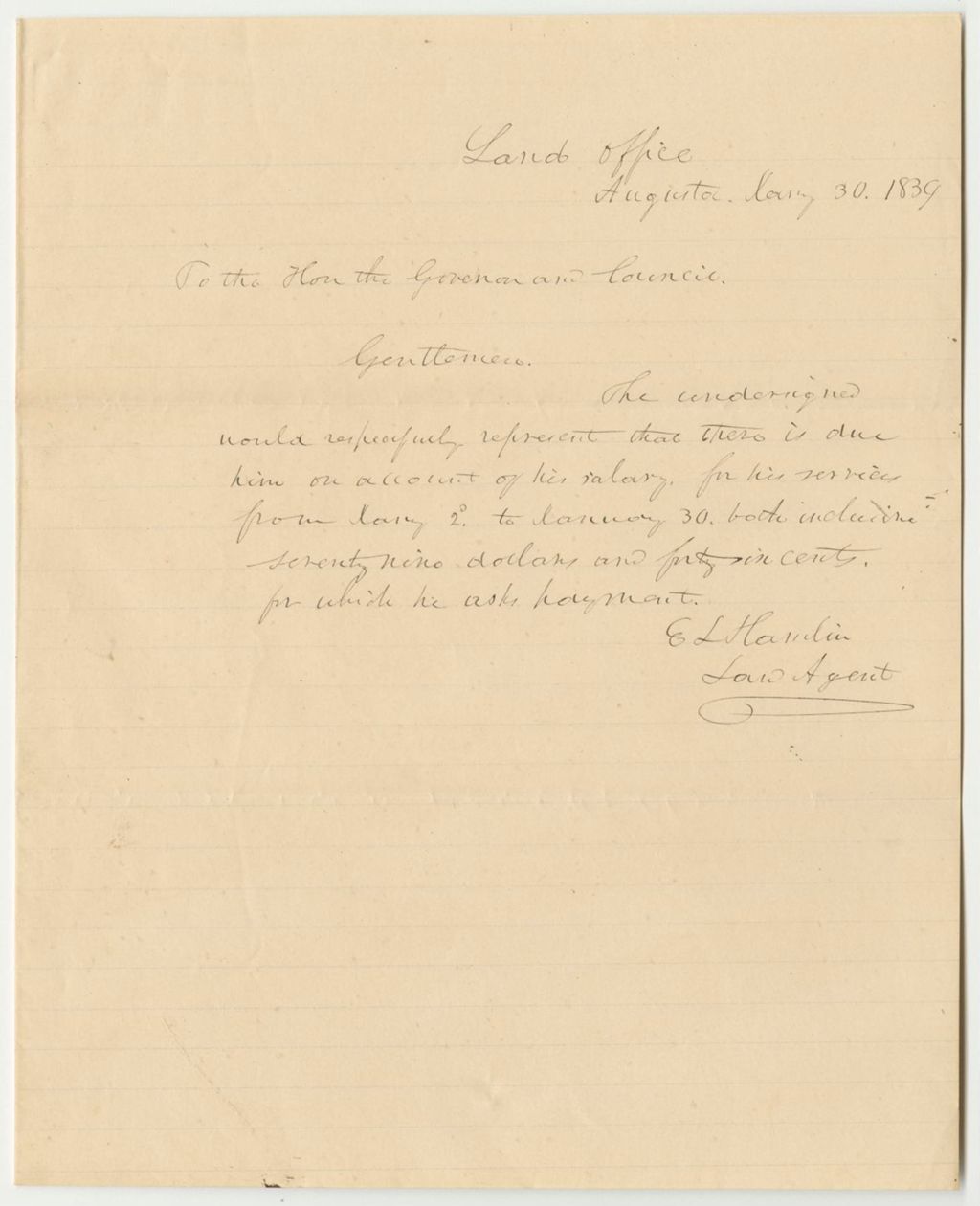 Miniature of Elijah L. Hamlin's Request for Payment for His Salary as Land Agent
