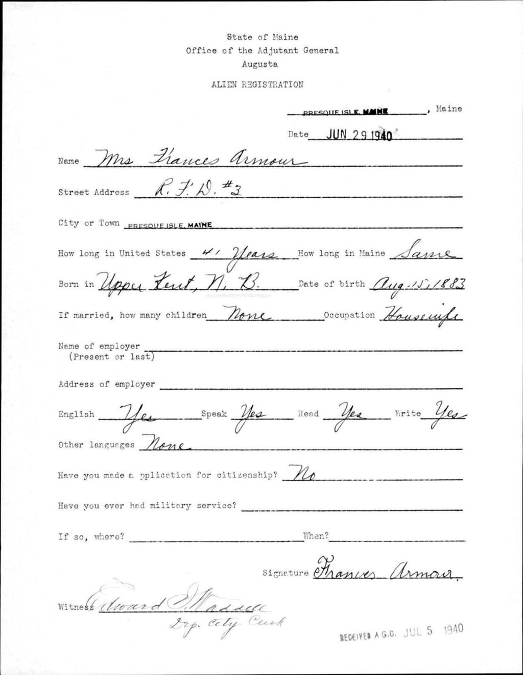 Miniature of Alien Registration- Armour, Frances (Presque Isle, Aroostook County)