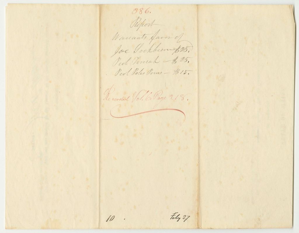 Miniature of Report 385: Warrants in Favor of Joe Sockbason, Peol Tomah, and Peol Poles Porus as Delegates of the Penobscot Tribe to the Seat of Government