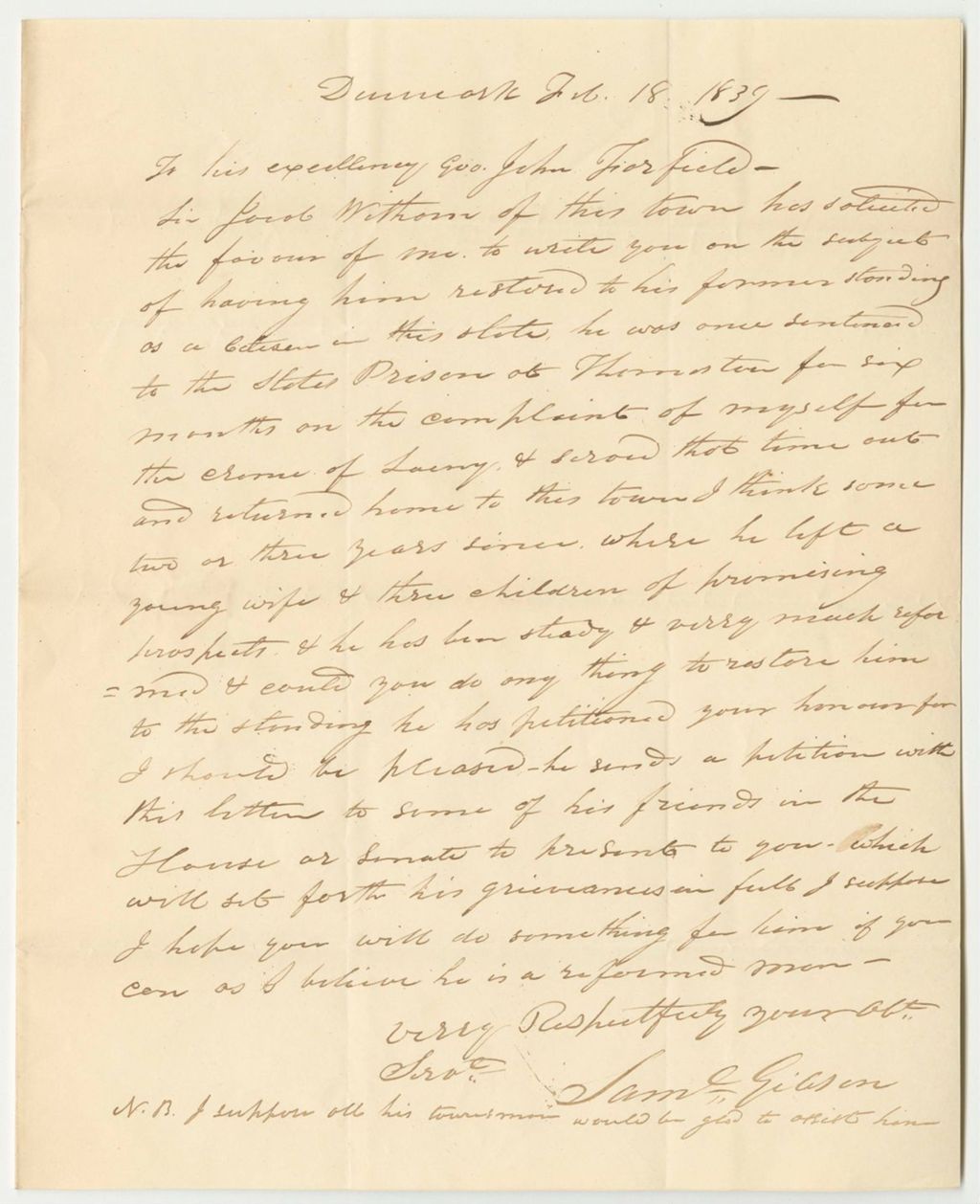 Miniature of Letter from Samuel Gibson, in Favor of the Petition to Pardon Jacob Witham