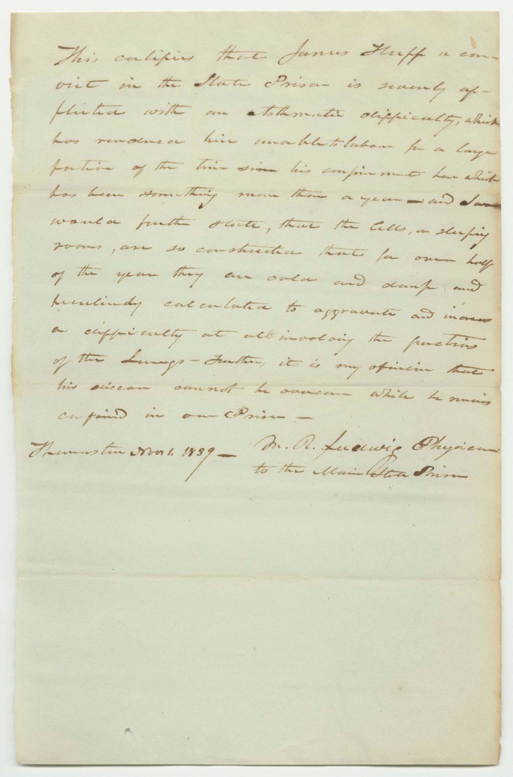 Miniature of Certificate of M.R. Ludwig, Physician to the Maine State Prison, of the Condition of James Huff