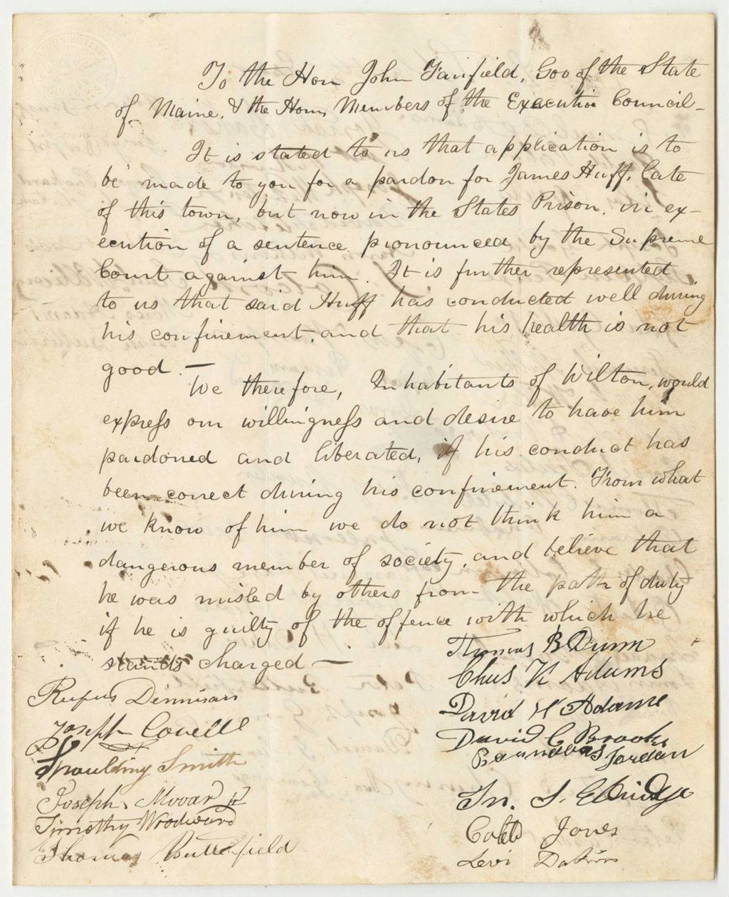 Miniature of Petition for the Pardon of James Huff of Wilton