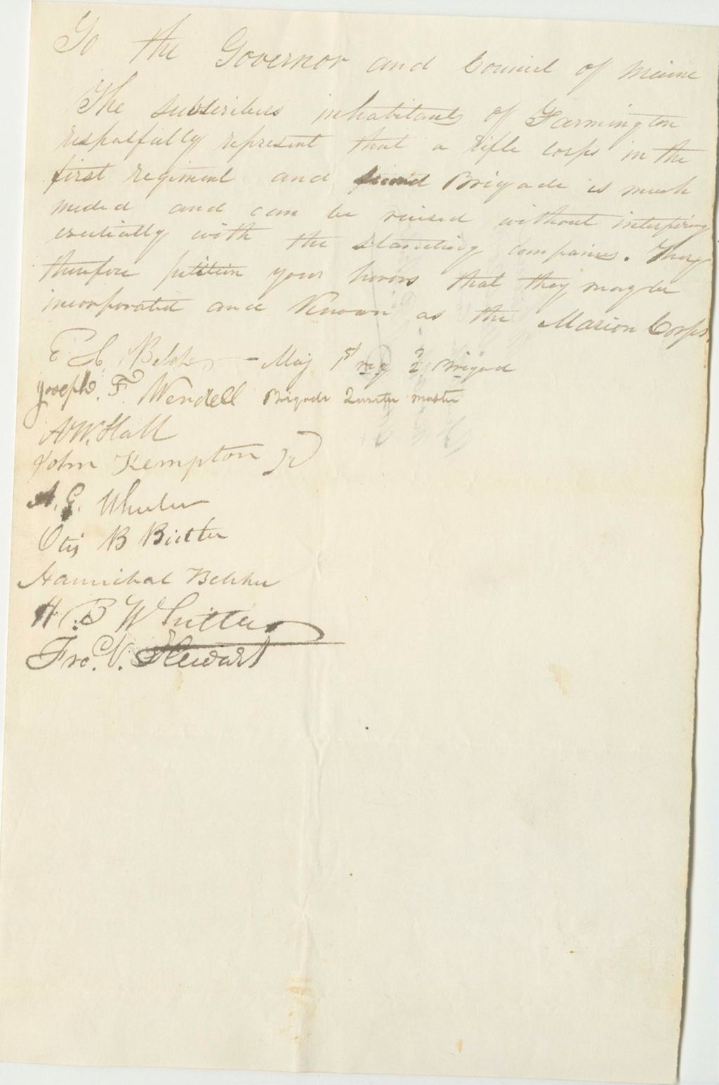 Miniature of Petition of the Inhabitants of Farmington for the Organization of a Rifle Company in the First Regiment and Second Brigade