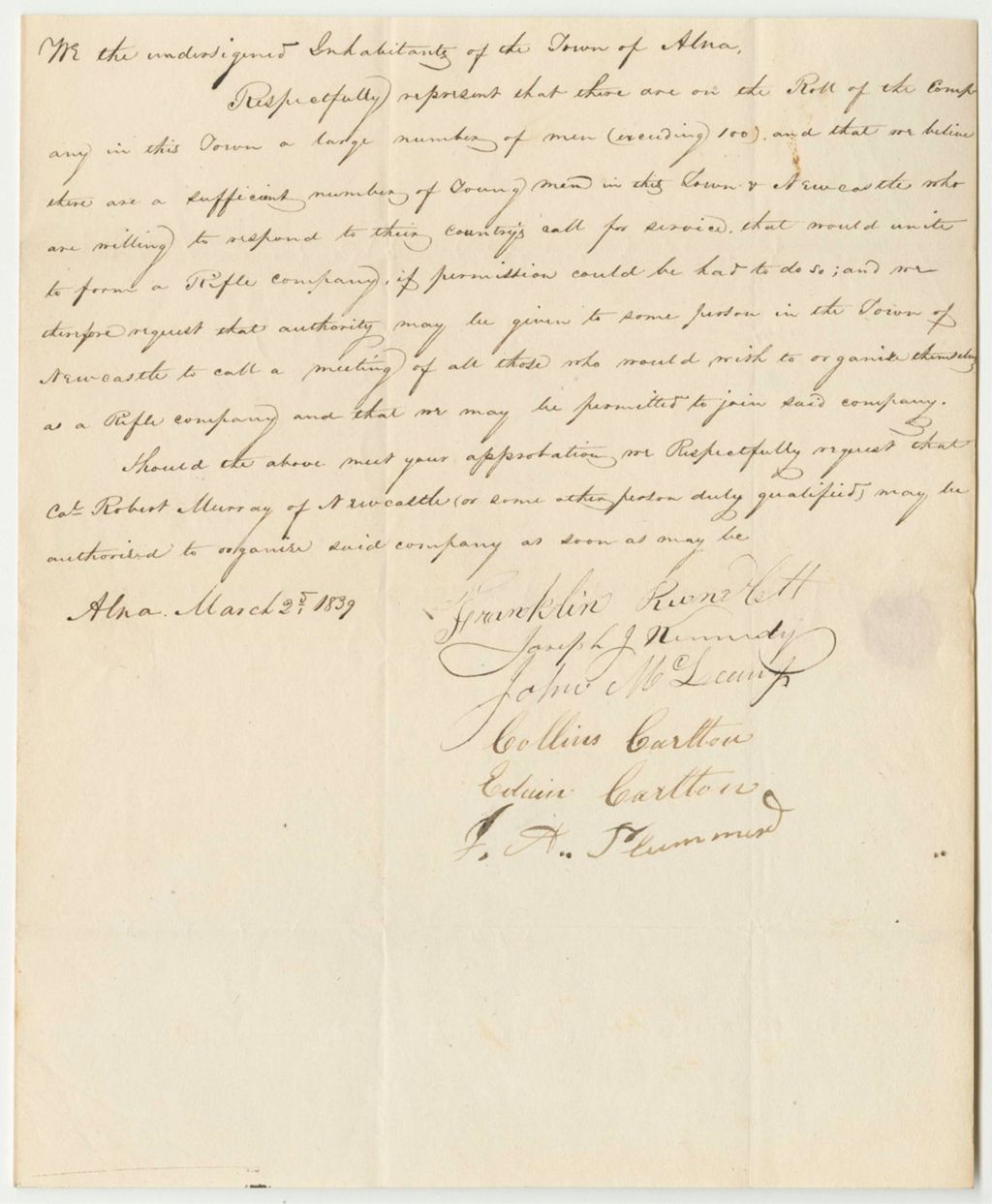 Miniature of Petition of the Inhabitants of the Town of Alna for the Organization of a Rifle Company