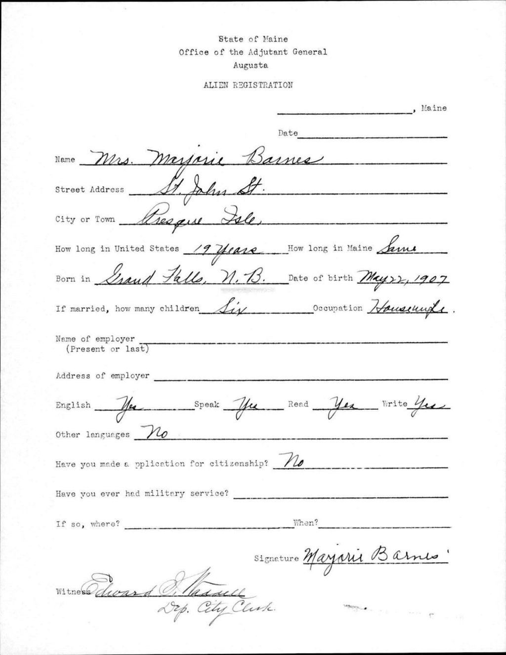 Miniature of Alien Registration- Barnes, Marjorie (Presque Isle, Aroostook County)