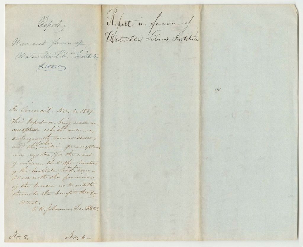 Miniature of Report on the Warrant in Favor of Daniel Paine, Treasurer of the Waterville Liberal Institute